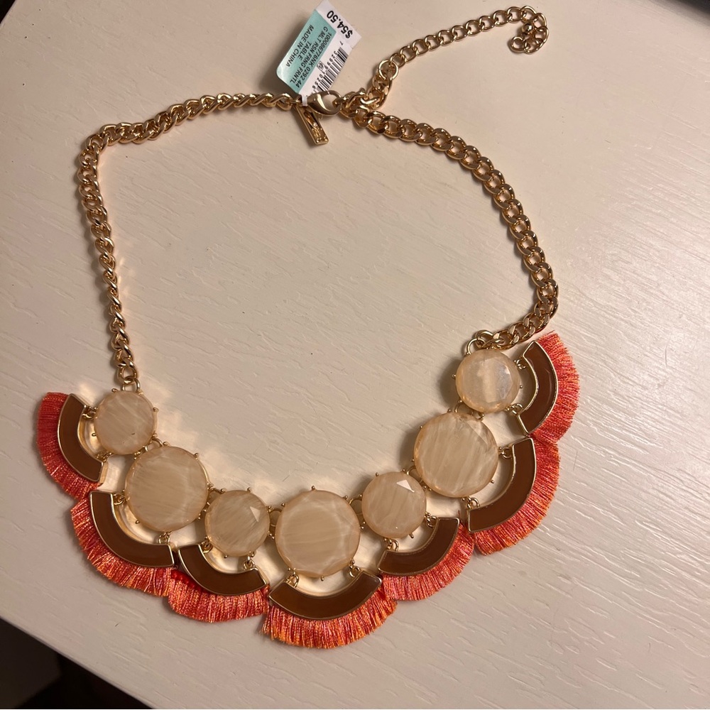 statement necklace goldtone chain, stone & fringe INC